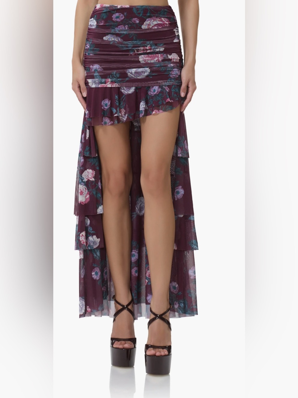 AFRM Burgundy Floral Ruched Maxi Skirt with Sheer Overlay
